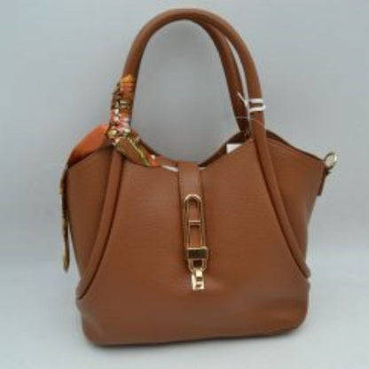 Madeline Love Pebbled Handbag with Scarfed Top Handles and Crossbody Strap in Brown view 2 - Crossbody Handbag
