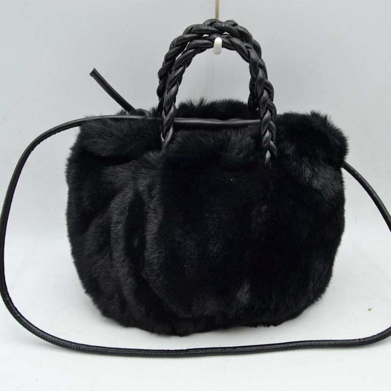Madeline Love Plush Faux Fur Bucket Handbag with Braided Handles and Long Strap in Black - Strap Handbag
