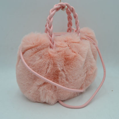 Madeline Love Plush Faux Fur Bucket Handbag with Braided Handles and Long Strap in Stone view 5 - Strap Handbag