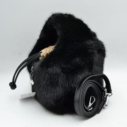 Madeline Love Plush Faux Fur Bucket Handbag with Drawstring and Removable Strap in Black - Remova Handbag