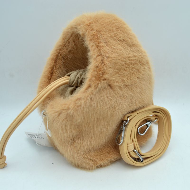 Madeline Love Plush Faux Fur Bucket Handbag with Drawstring and Removable Strap view 11 - Remova Handbag