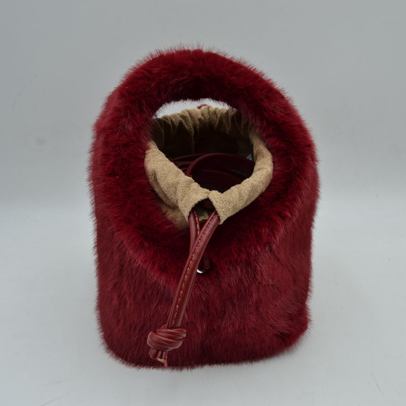 Madeline Love Plush Faux Fur Bucket Handbag with Drawstring and Removable Strap in Clear White view 4 - Remova Handbag