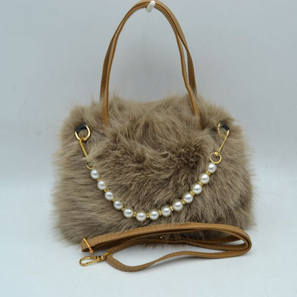 Madeline Love Plush Faux Fur Handbag with Pearl Bead Accent and Dual Straps view 21 - Dual Handbag