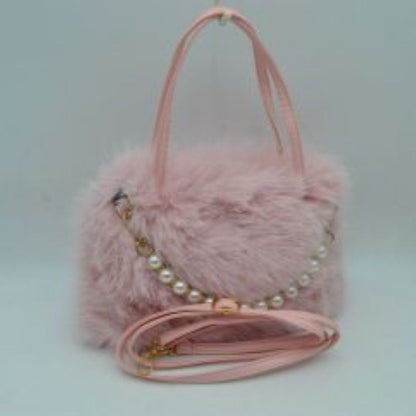 Madeline Love Plush Faux Fur Handbag with Pearl Bead Accent and Dual Straps in Coffee view 3 - Dual Handbag