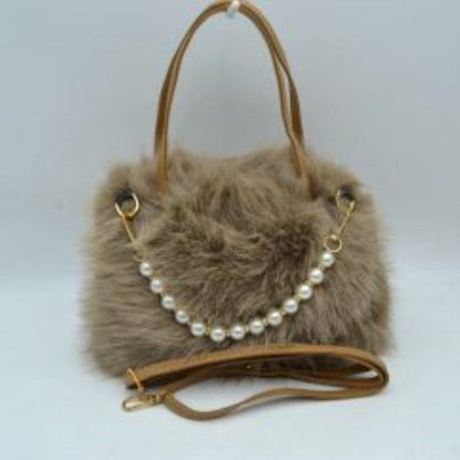 Madeline Love Plush Faux Fur Handbag with Pearl Bead Accent and Dual Straps in Clear White view 4 - Dual Handbag