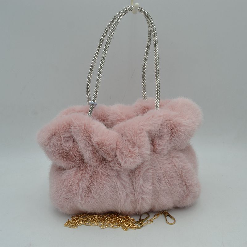 Madeline Love Plush Faux Fur Handbag with Rhinestone Handles and Chain Strap in Taupe view 5 - Chain Handbag
