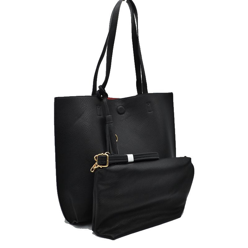 Madeline Love Reversible Faux Leather Tote Bag Vegan Tassel Handbag in Black - Handbag Tote