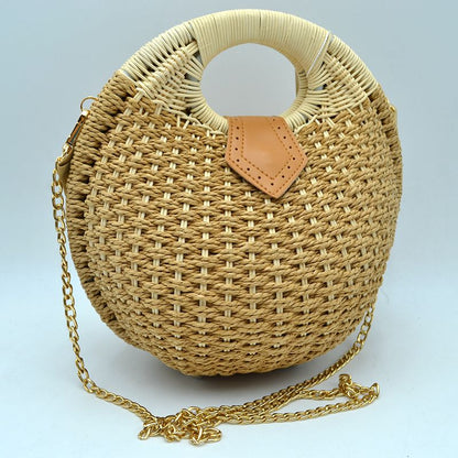 Madeline Love Round Woven Straw Handbag with Rattan Cutout Handle in Green - Handle Handbag