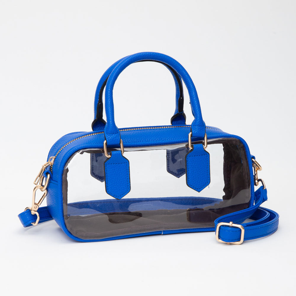 Madeline Love Transparent Structured Top Handle Handbag / Crossbody Bag in Clear, Royal Blue view 7 - Bag Top