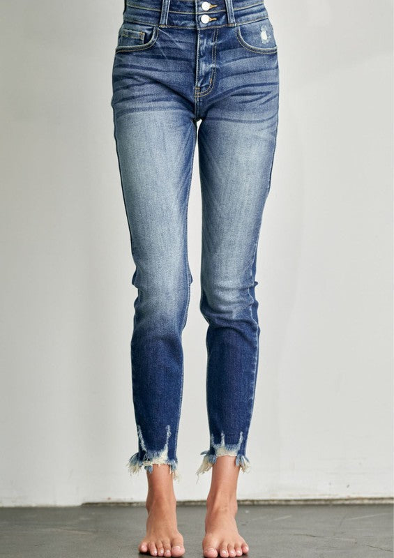 Madeline plus Ultra High Rise Double Waistband Ankle Skinny with Hem Distress Jeans in P-22 view 4 - High-Waisted