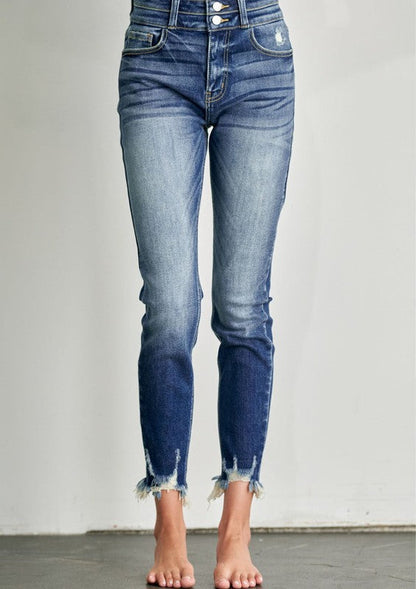 Madeline plus Ultra High Rise Double Waistband Ankle Skinny with Hem Distress Jeans in P-22 view 4 - High-Waisted