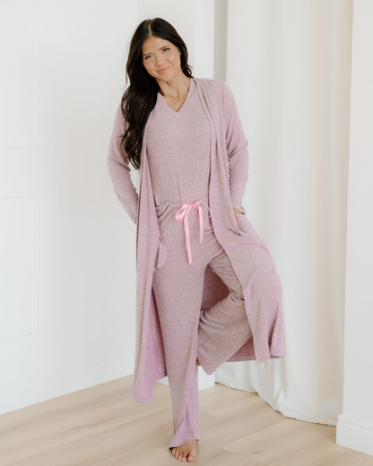 Maggie 3pcs V Neck T Shirt Ribbon Knot Pants Open Duster 3pcs Lounge Set - Rose in Delicacy view 3 - Maggie 35 (top)
