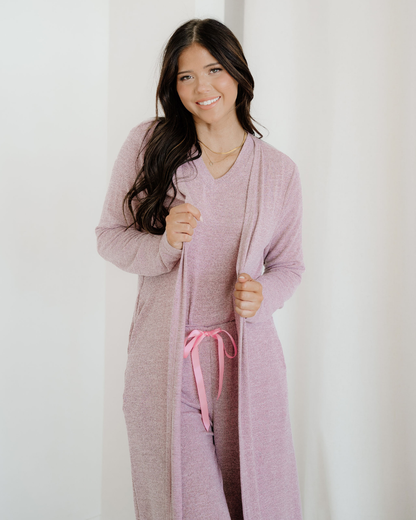 Maggie 3pcs V Neck T Shirt Ribbon Knot Pants Open Duster 3pcs Lounge Set - Rose in Delicacy view 4 - Maggie 35 (top)