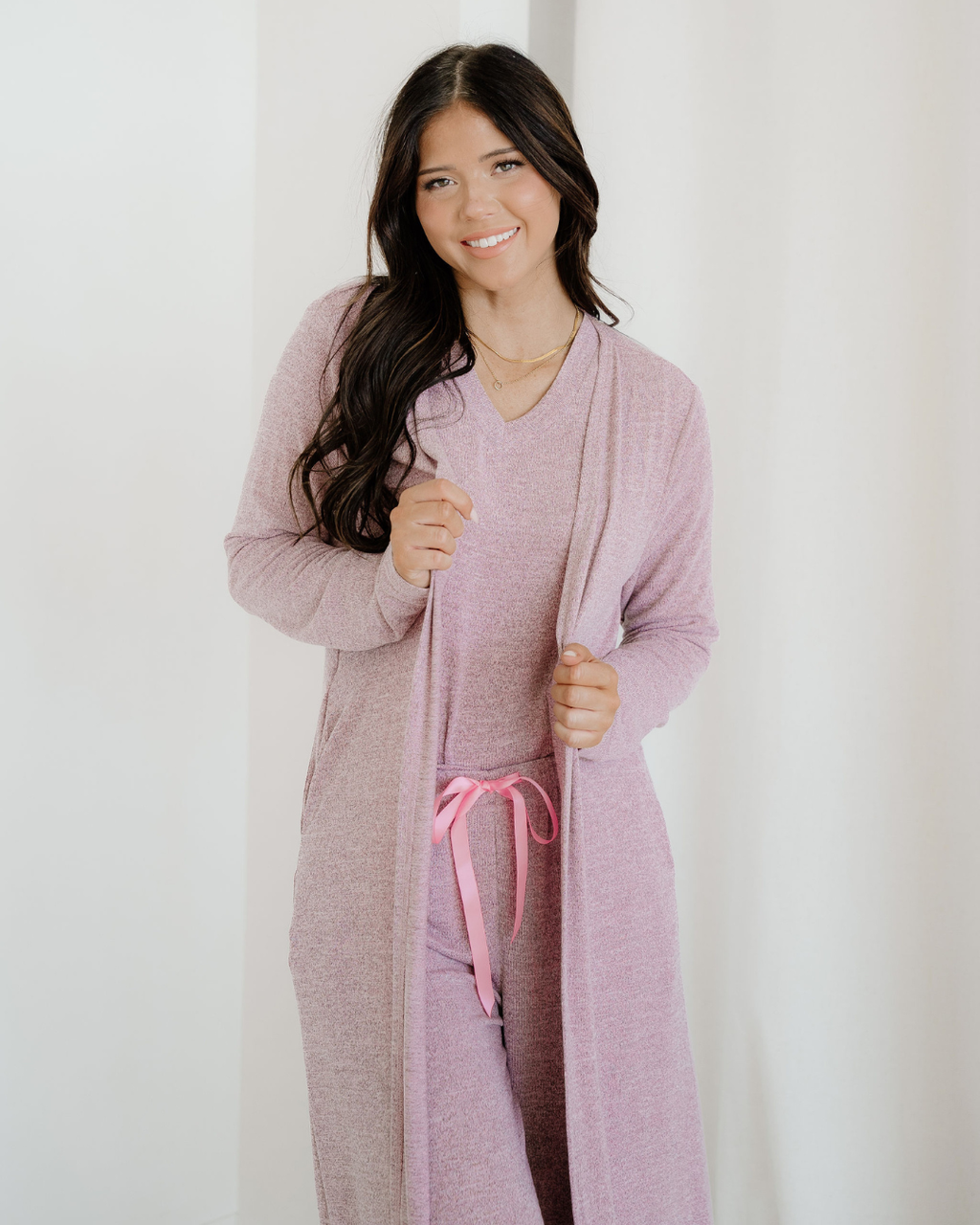 Maggie 3pcs V Neck T Shirt Ribbon Knot Pants Open Duster 3pcs Lounge Set - Rose Delicacy view 4 (top) - shop at us.meeeshop