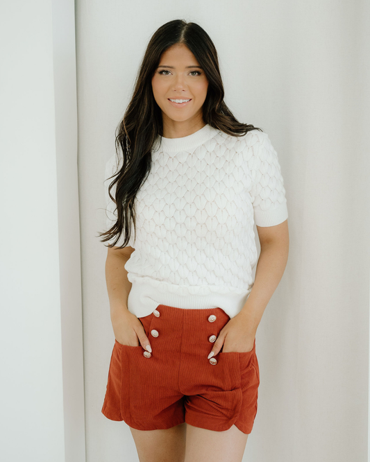 Magnolia Textured Knit Ribbed High Neck Short Sleeve Sweater - White in White - Fall Wardrobe Essential - White Sweater