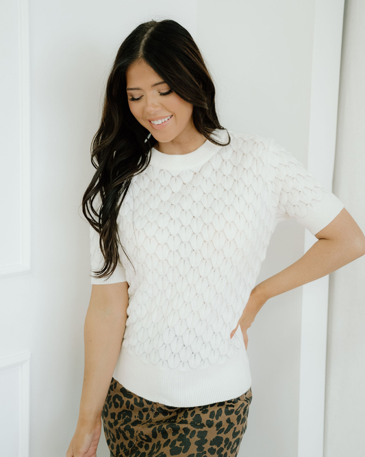 Magnolia Textured Knit Ribbed High Neck Short Sleeve Sweater - White in White view 2 - Fall Wardrobe Essential (top)