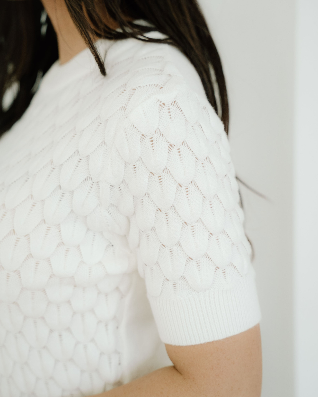 . Magnolia Textured Knit Ribbed High Neck Short Sleeve Sweater - White - MeeeShop Women's Fashion