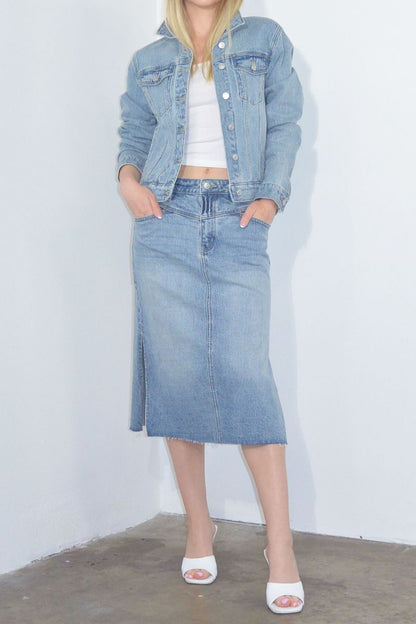 Mahi Demi Denim Midi Side Slit Skirt in L view 3 (dress)