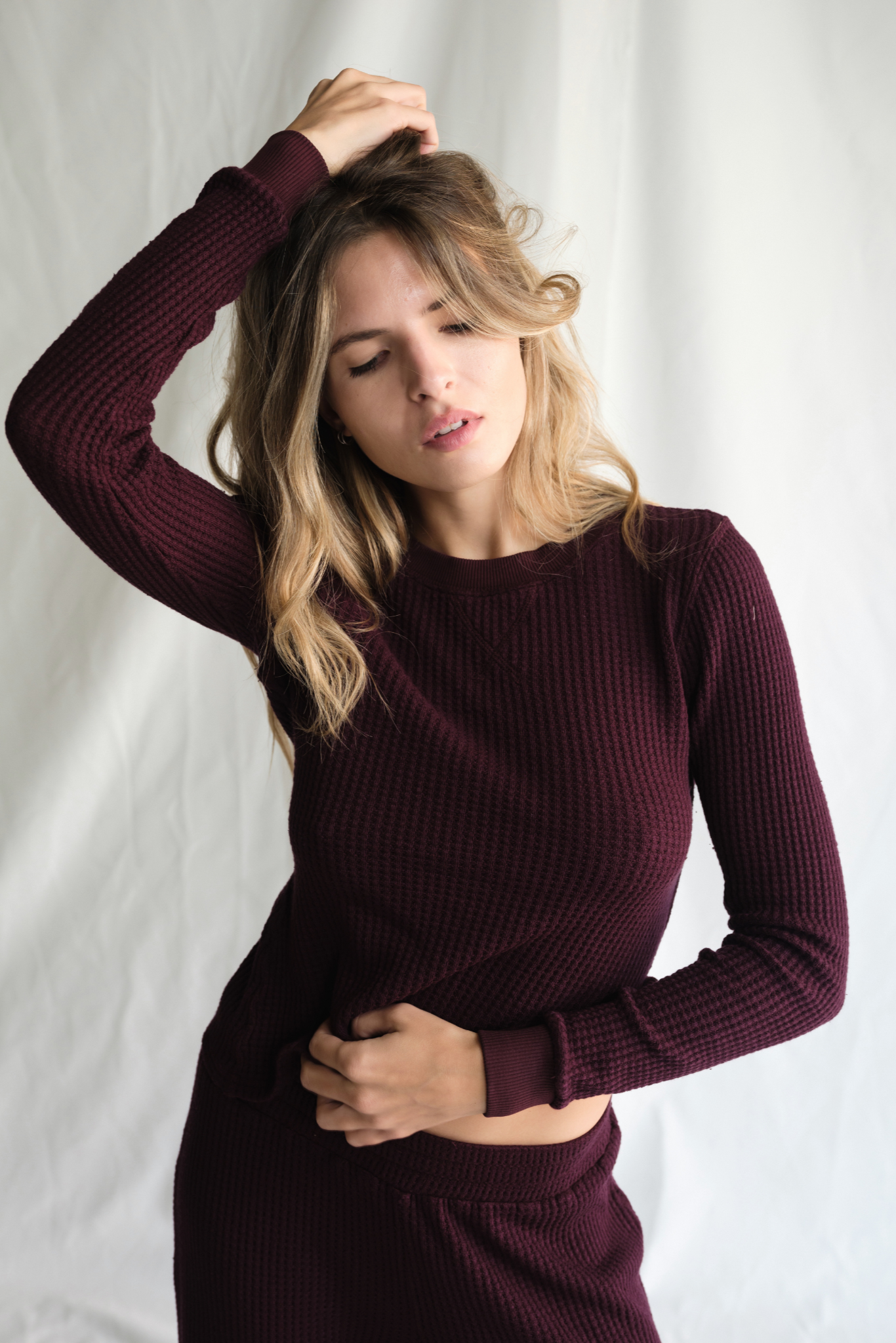 Maine Waffle Long Sleeve Top XS view 2 (top) - long top, waffle long top - shop at us.meeeshop