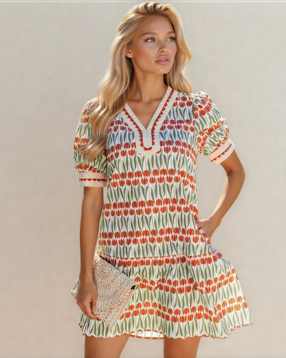 malia tulip floral Malia Tulip Floral Print Cotton Puff Short Sleeve Mini Dress White (dress) - shop at us.meeeshop