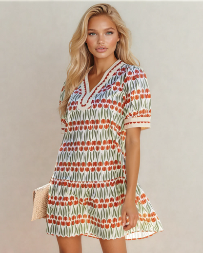 malia tulip floral Malia Tulip Floral Print Cotton Puff Short Sleeve Mini Dress view 2 (dress) - shop at us.meeeshop