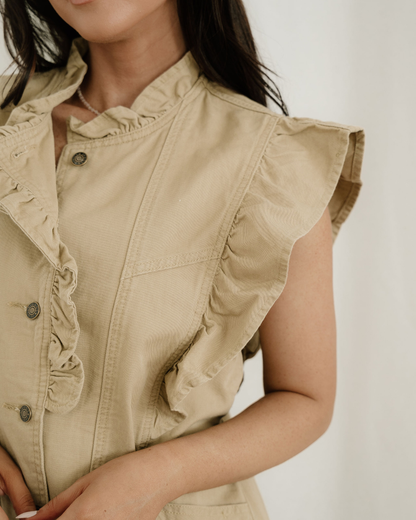 Margot Ruffle Plain Denim Jacket Vest - Khaki view 6 - Khaki Jacket (bottom)