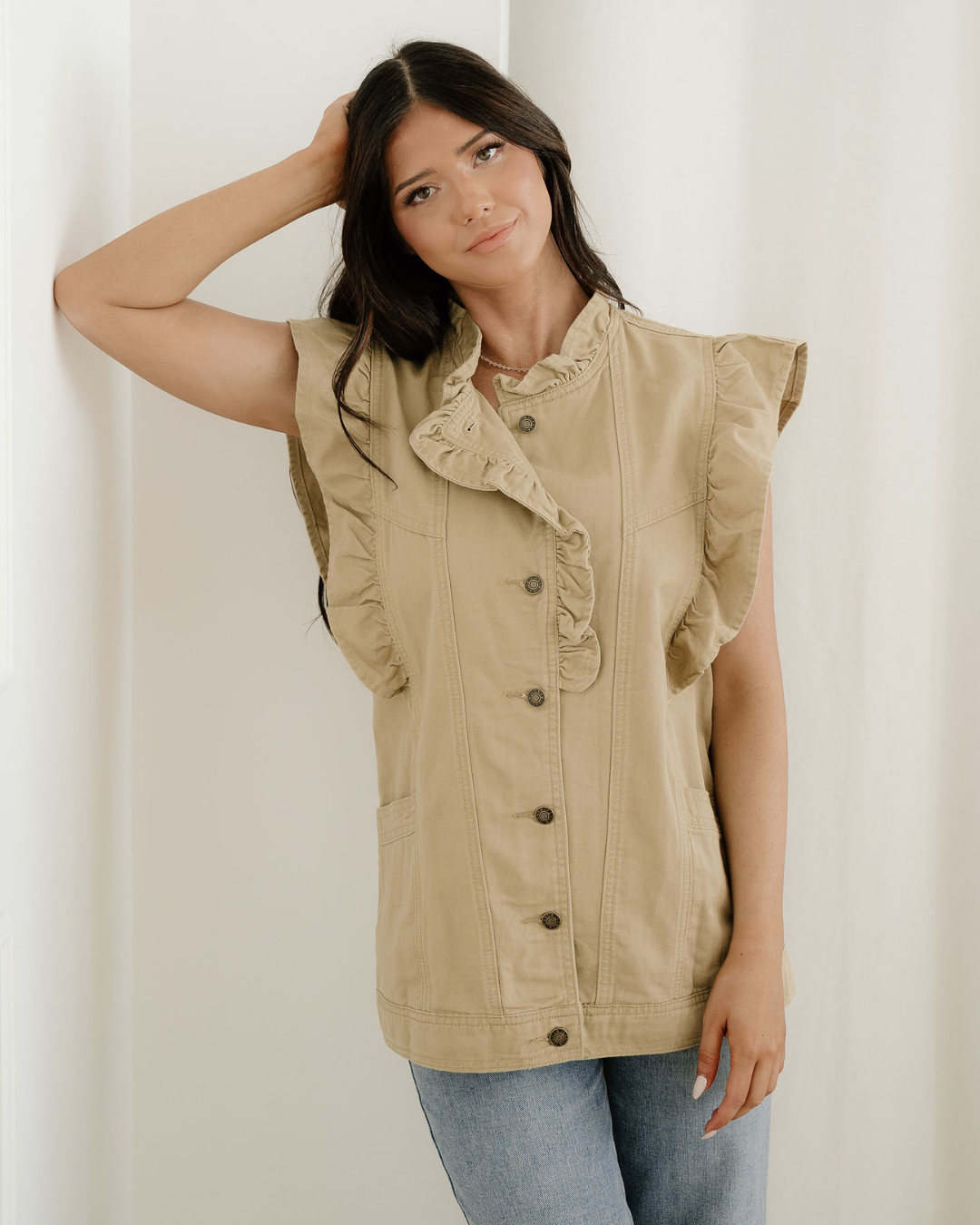 Margot Ruffle Plain Denim Jacket Vest - Khaki view 8 - Khaki Jacket (bottom)