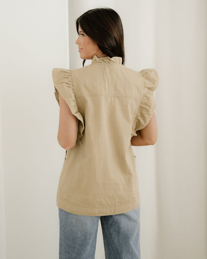 Margot Ruffle Plain Denim Jacket Vest - Khaki view 9 - Khaki Jacket (bottom)