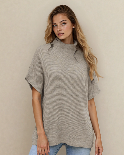 Maya Mock Neck Short Sleeve Sweater - Stone View 2 - MeeeShop Women's Fashion
