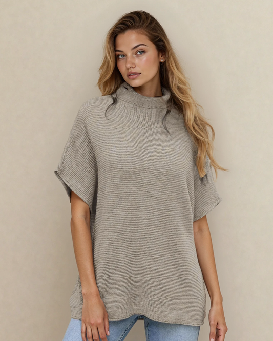 Maya Mock Neck Short Sleeve Sweater - Stone in Apricot view 2 - Maya Sweater (top)
