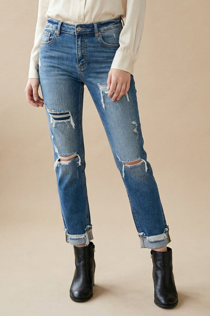 Mesh Tummy Control High Rise Straight W/ Single Cuff Jeans in 3 (25) view 2 - High-Waisted (bottom)
