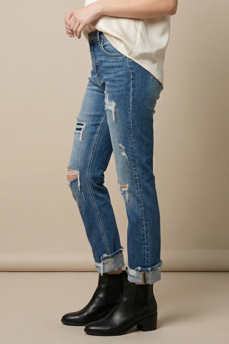 Mesh Tummy Control High Rise Straight W/ Single Cuff Jeans in 5 (26) view 3 - High-Waisted (bottom)