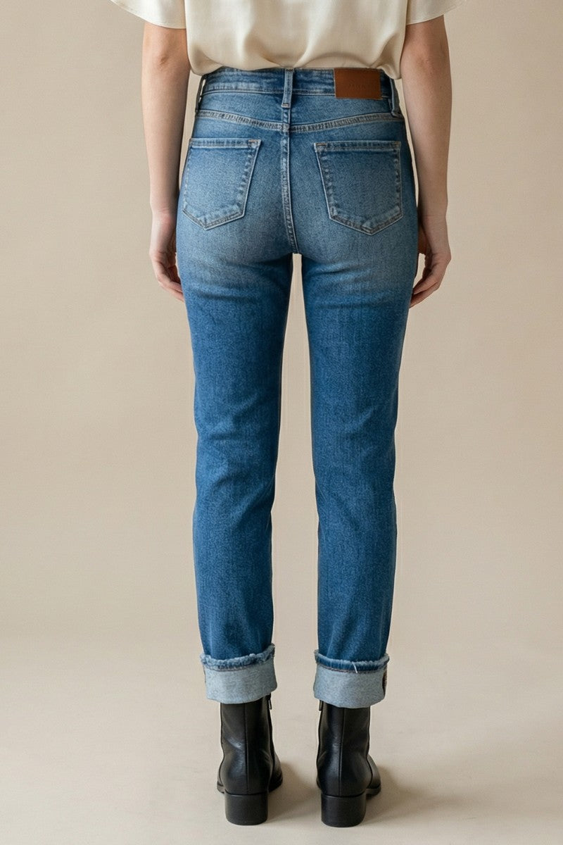 Mesh Tummy Control High Rise Straight W/ Single Cuff Jeans in 7 (27) view 4 - High-Waisted (bottom)
