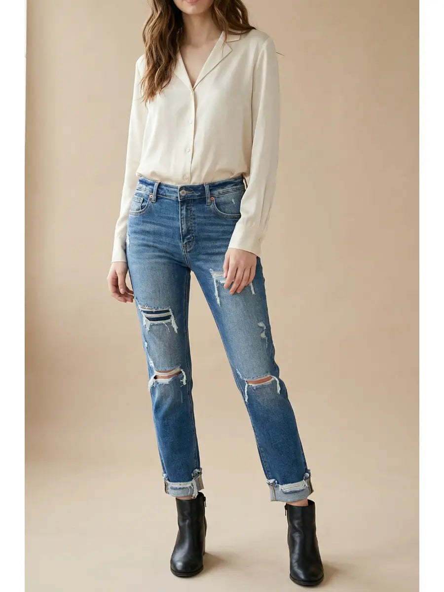 Mesh Tummy Control High Rise Straight W/ Single Cuff Jeans in 9 (28) view 5 - High-Waisted (bottom)