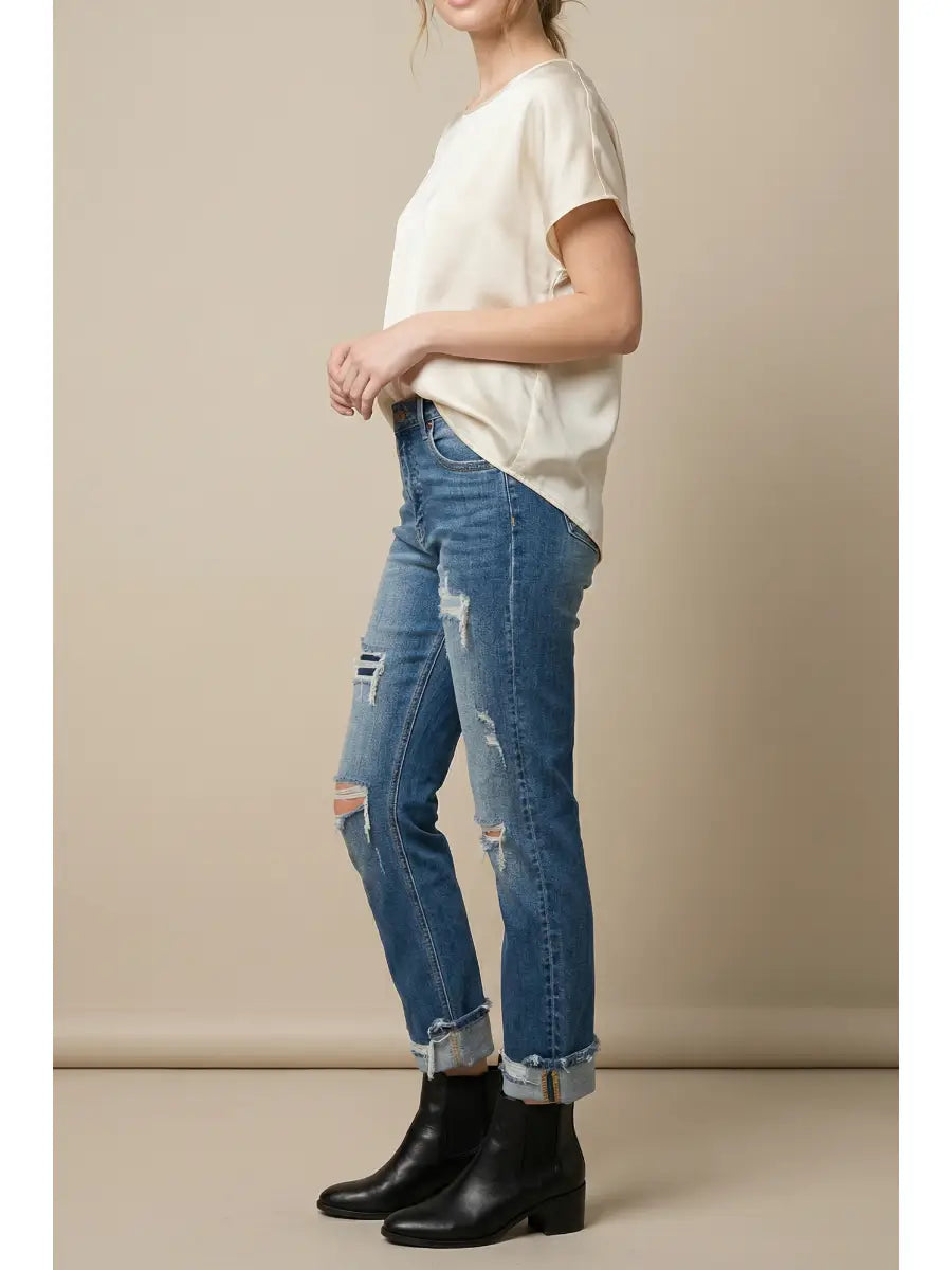 Mesh Tummy Control High Rise Straight W/ Single Cuff Jeans in 11 (29) view 6 - High-Waisted (bottom)