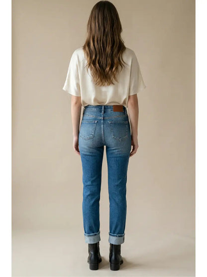 Mesh Tummy Control High Rise Straight W/ Single Cuff Jeans in 13 (30) view 7 - High-Waisted (bottom)