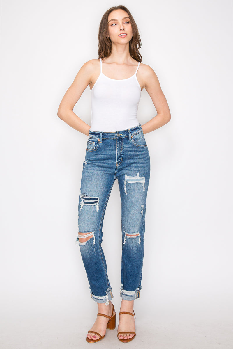 Mesh Tummy Control High Rise Straight with Single Cuff Jeans... in 7 (27) view 4 - High-Waisted (bottom)