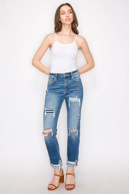 Mesh Tummy Control High Rise Straight with Single Cuff Jeans... in 7 (27) view 4 - High-Waisted (bottom)