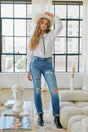 Mesh Tummy Control High Rise Straight W/ Single Cuff Jeans