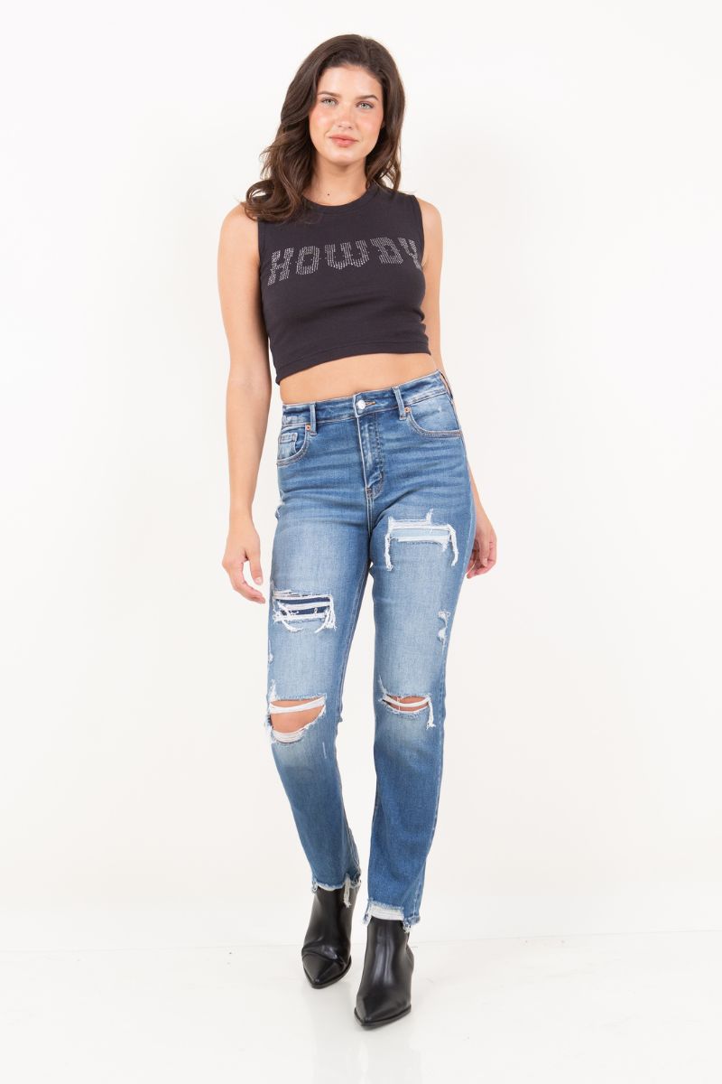 mesh tummy control Mesh Tummy Control High Rise Straight W/ Single Cuff Jeans view 10 (bottom) - shop at us.meeeshop