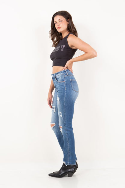 mesh tummy control Mesh Tummy Control High Rise Straight W/ Single Cuff Jeans view 12 (bottom) - shop at us.meeeshop