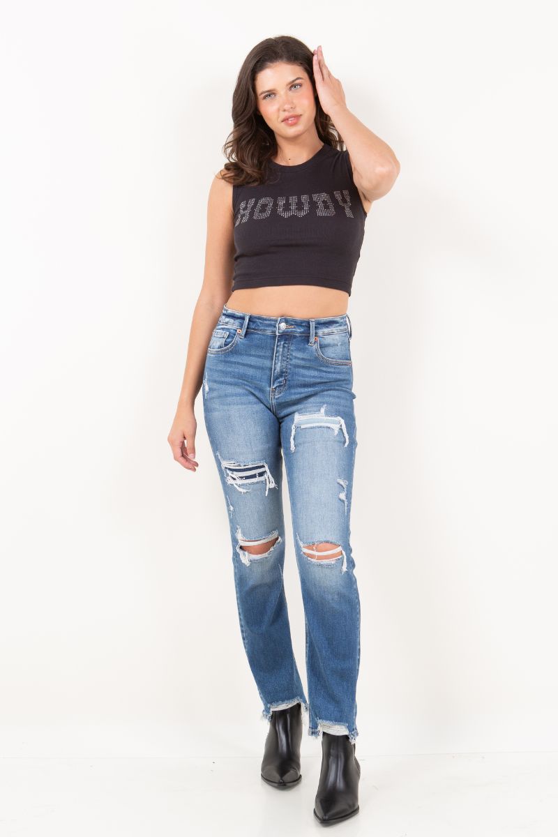 mesh tummy control Mesh Tummy Control High Rise Straight W/ Single Cuff Jeans view 4 (bottom) - shop at us.meeeshop