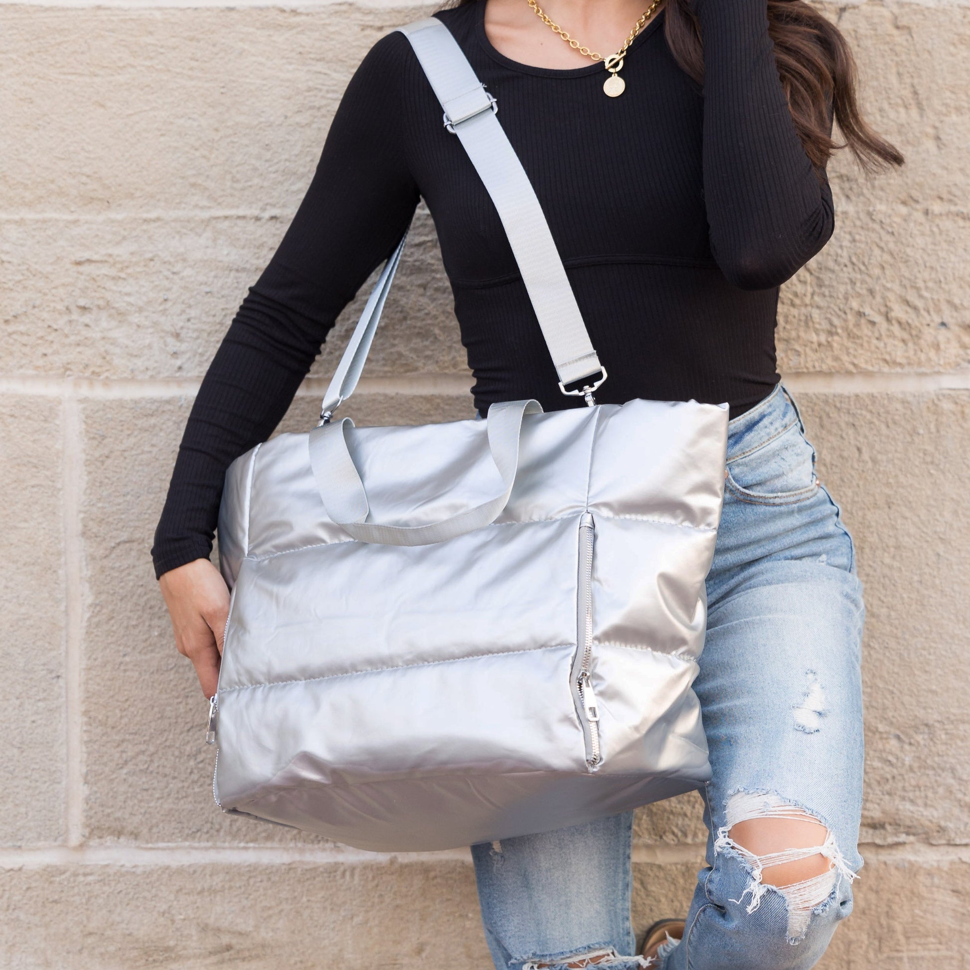 Metallic Puffer Tote in Silver view 5 (bag)