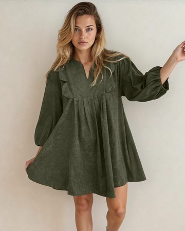 Micah Scallop Detail Pleated Corduroy Mini Dress - Green View 2 - MeeeShop Women's Fashion