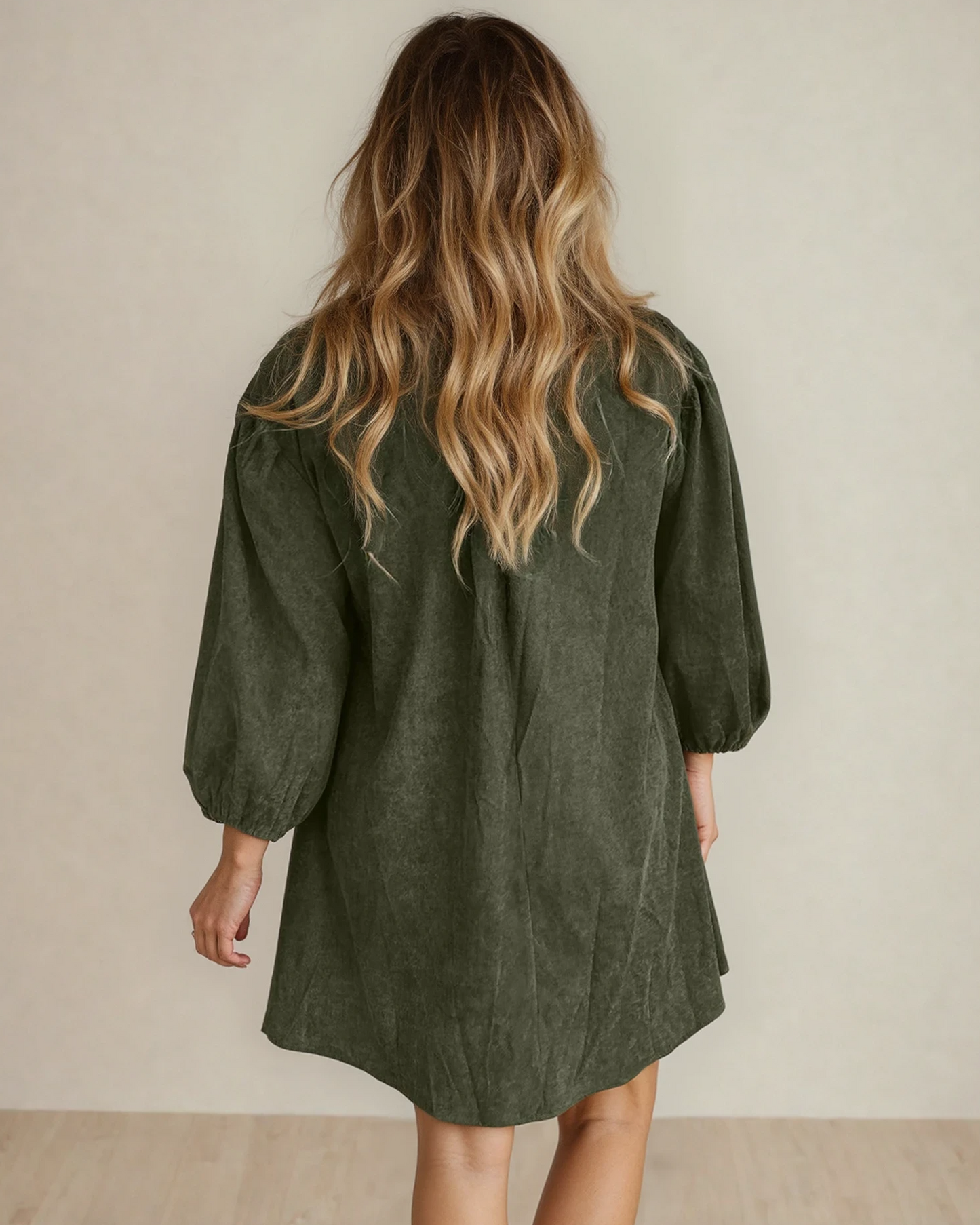 Micah Scallop Detail Pleated Corduroy Mini Dress - Green View 3 - MeeeShop Women's Fashion