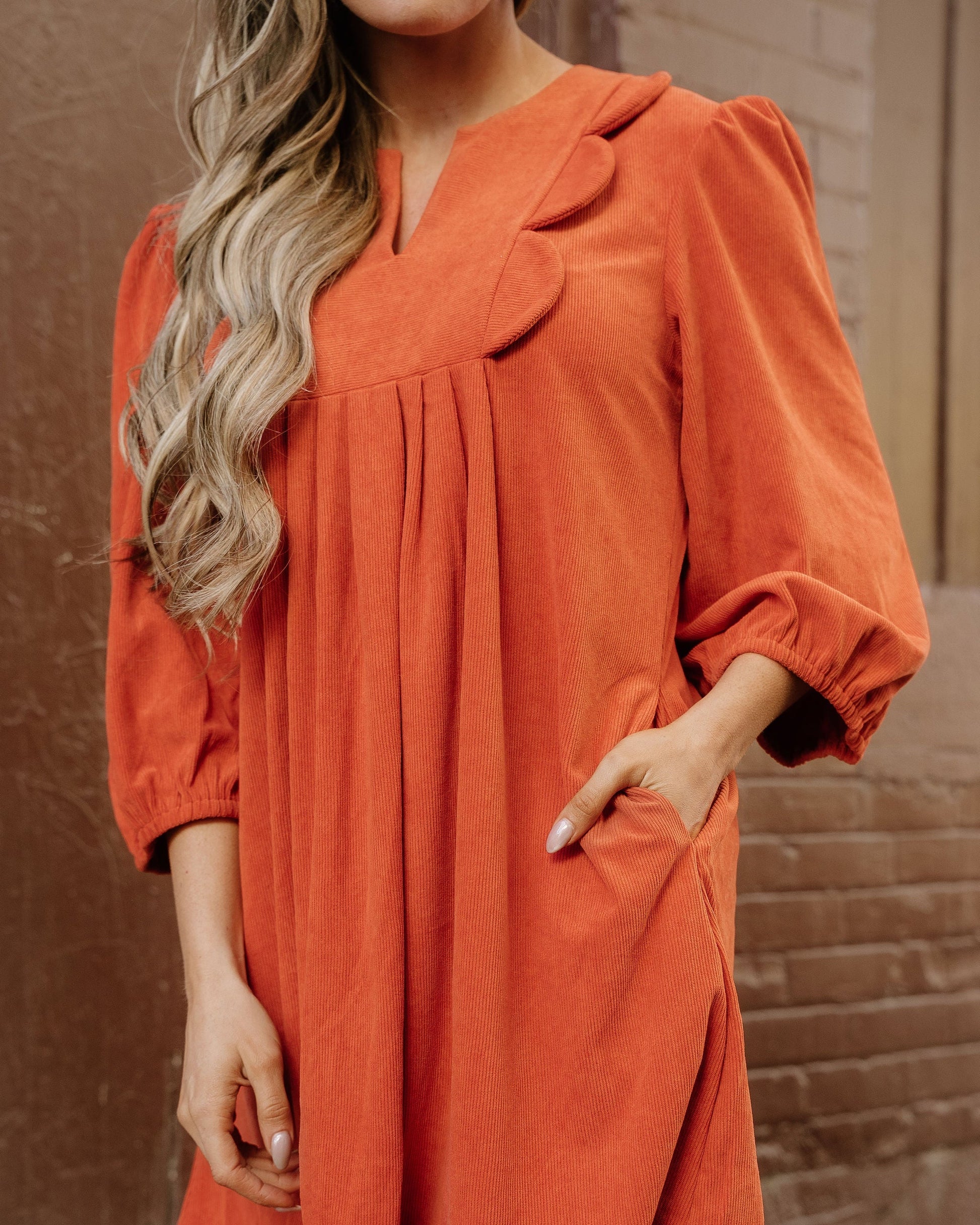 Micah Scallop Detail Pleated Corduroy Mini Dress - Orange view 5 - Orange Dress