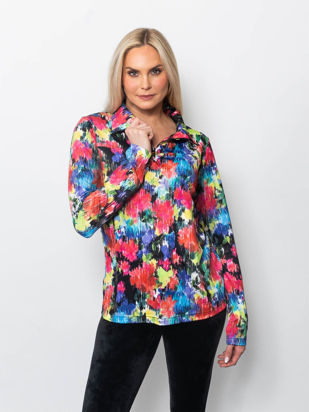 Microfiber Wide Collar Zip Neck Top Daydream Print (top) - zip top, collar zip top - shop at us.meeeshop