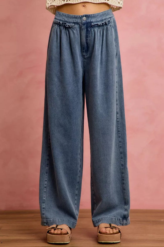 mid rise ruffled So Me Mid Rise Ruffled Front Elastic Wide Leg Jeans DENIM (bottom) - shop at us.meeeshop