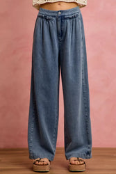 So Me Mid Rise Ruffled Front Elastic Wide Leg Jeans