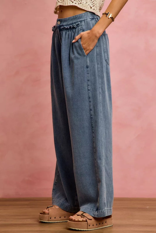 mid rise ruffled So Me Mid Rise Ruffled Front Elastic Wide Leg Jeans view 2 (bottom) - shop at us.meeeshop